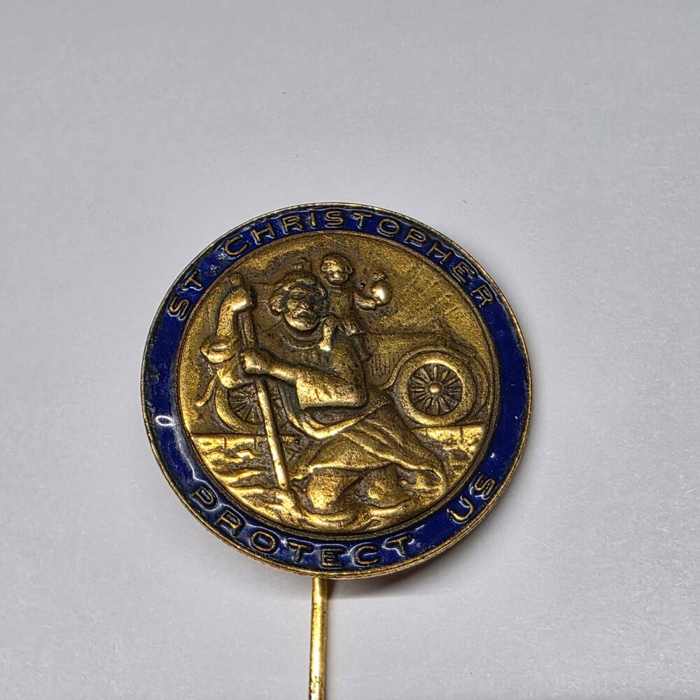 Vintage St. Christopher Protect Us Blue Enamel Gold Tone Religious Stick Pin